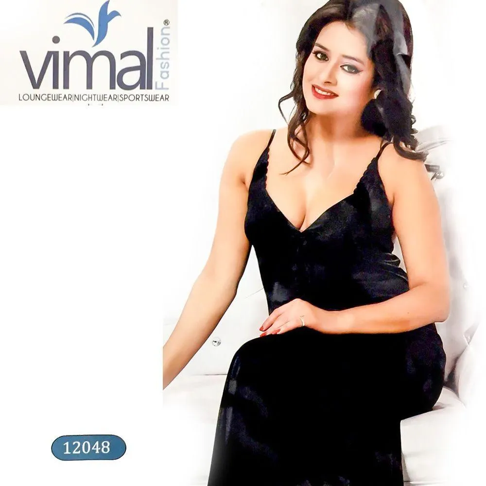 2 Pcs Black Nighty Set with Gown - V12048 - Satin Silk Nighty by Vimal Fashion