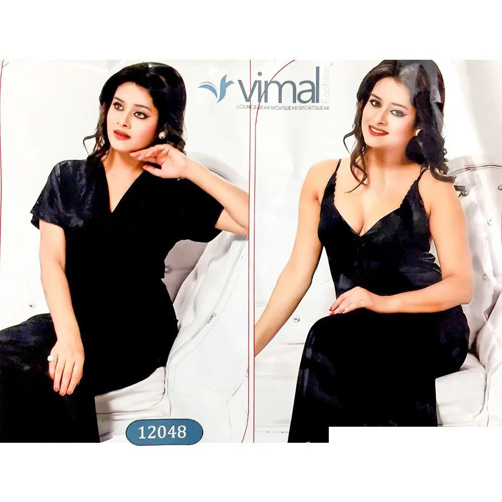 2 Pcs Black Nighty Set with Gown - V12048 - Satin Silk Nighty by Vimal Fashion