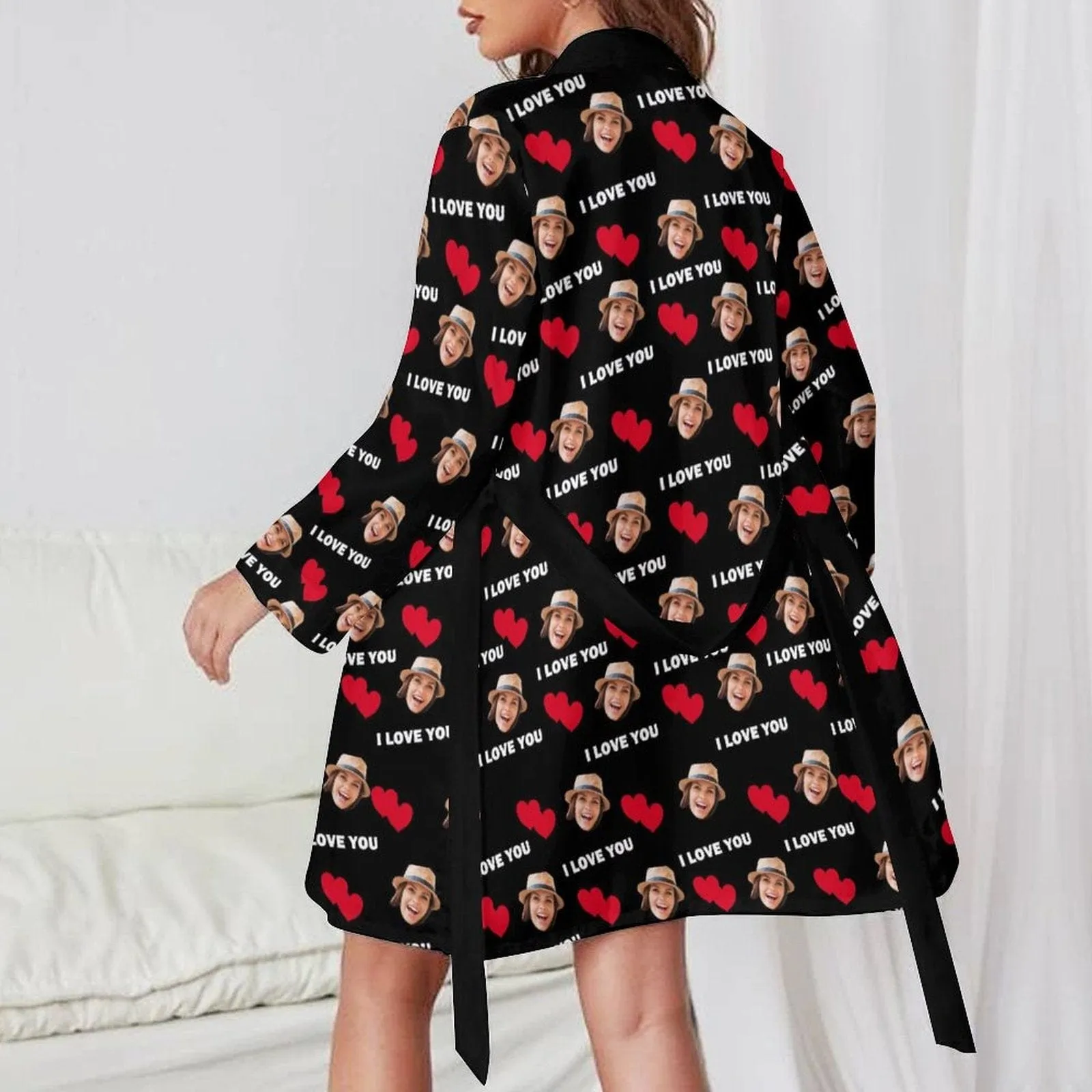 2 Pcs Face Print Pajamas-Custom Face Red Heart I Love You Sleepwear Personalized Women's Bath Robe &Women's Nightgown