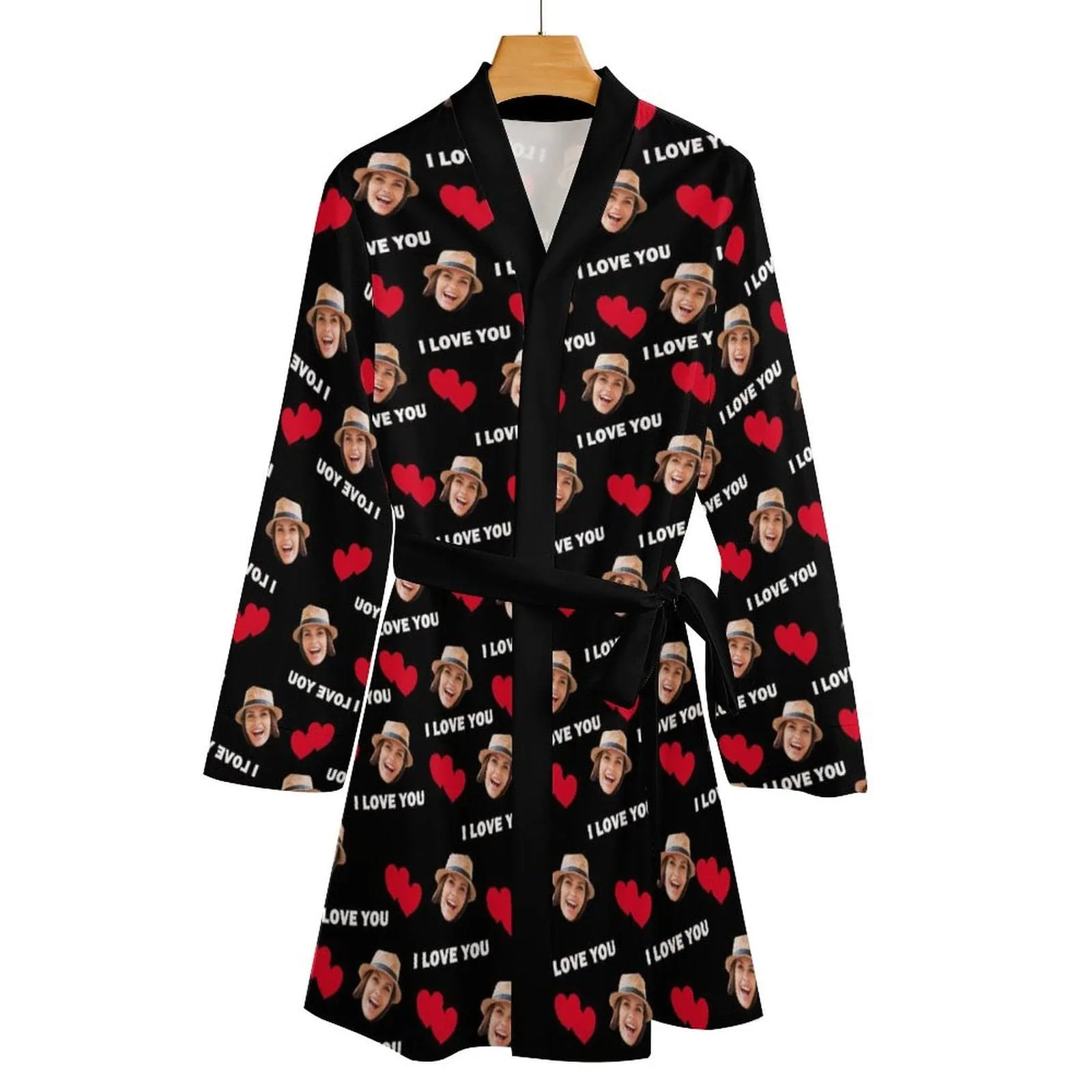 2 Pcs Face Print Pajamas-Custom Face Red Heart I Love You Sleepwear Personalized Women's Bath Robe &Women's Nightgown