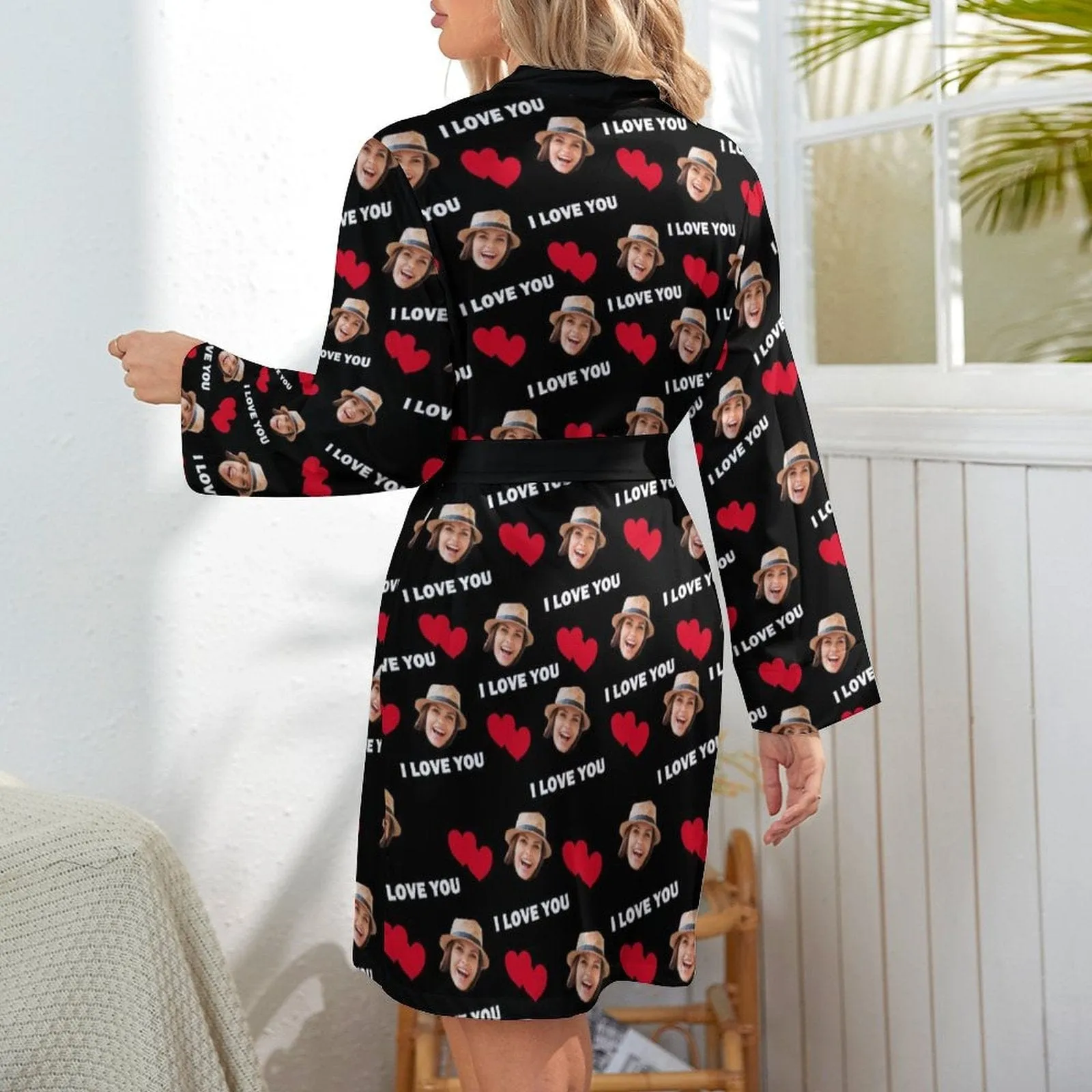 2 Pcs Face Print Pajamas-Custom Face Red Heart I Love You Sleepwear Personalized Women's Bath Robe &Women's Nightgown