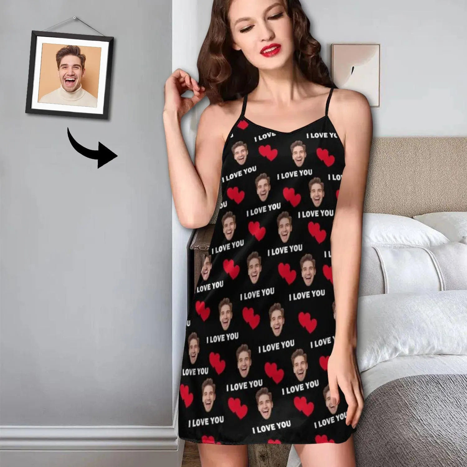 2 Pcs Face Print Pajamas-Custom Face Red Heart I Love You Sleepwear Personalized Women's Bath Robe &Women's Nightgown