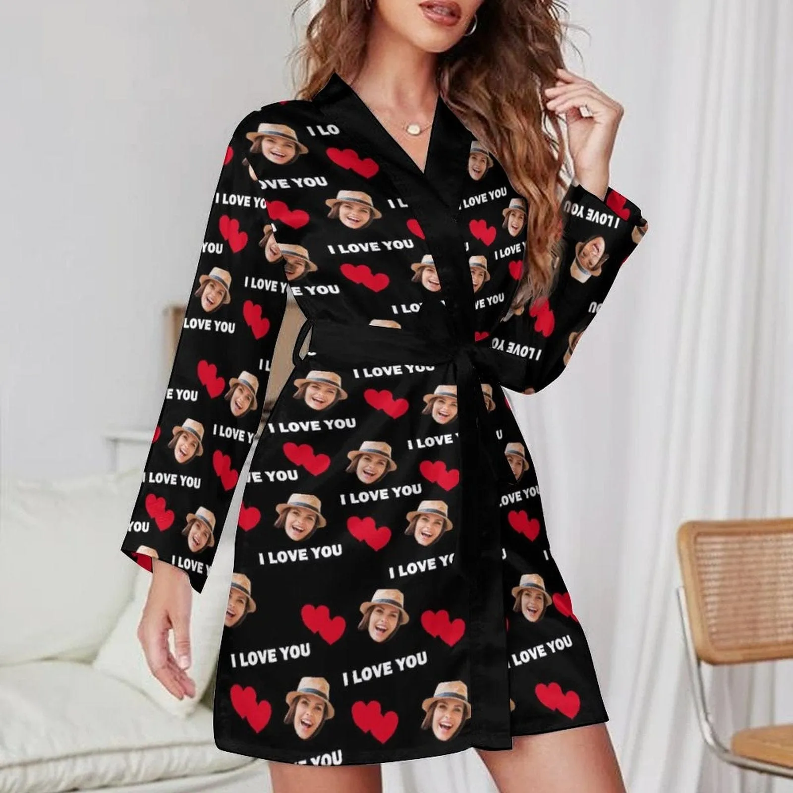 2 Pcs Face Print Pajamas-Custom Face Red Heart I Love You Sleepwear Personalized Women's Bath Robe &Women's Nightgown