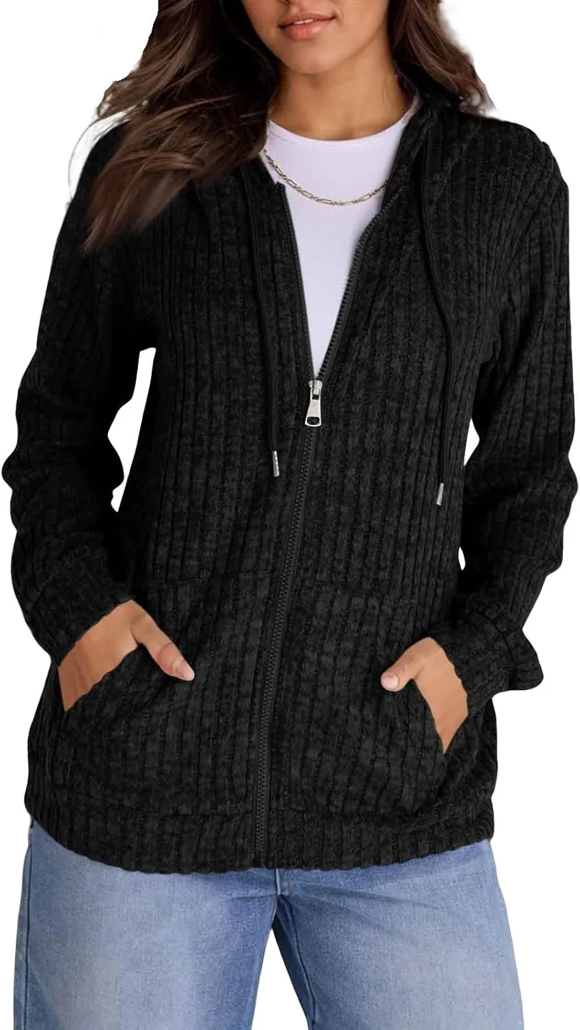 ADHOWBEW Womens Zip Up Hoodie Fashion Long Sleeve Casual Workout Lightweight Drawstring Sweatshirts