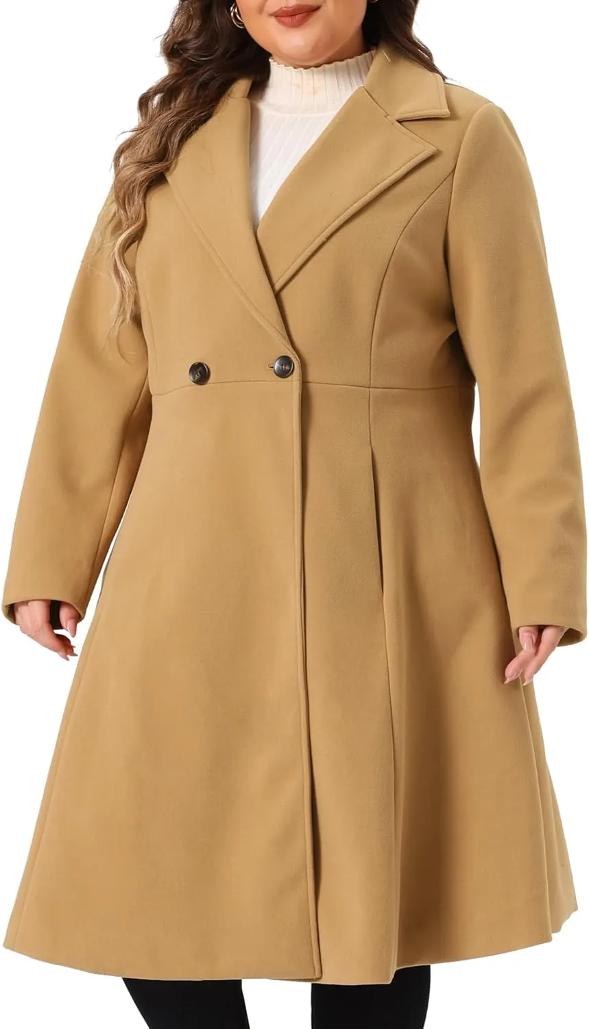 Agnes Orinda Plus Size Coats for Women Notch Lapel A Line Double Breasted Elegant Trench Winter Dress Pea Coats