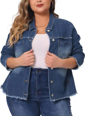 Agnes Orinda Plus Size Denim Jacket for Women Frayed Hem Classic Washed 2024 Denim Jean Jackets