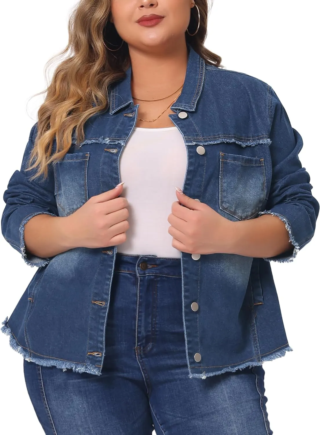 Agnes Orinda Plus Size Denim Jacket for Women Frayed Hem Classic Washed 2024 Denim Jean Jackets