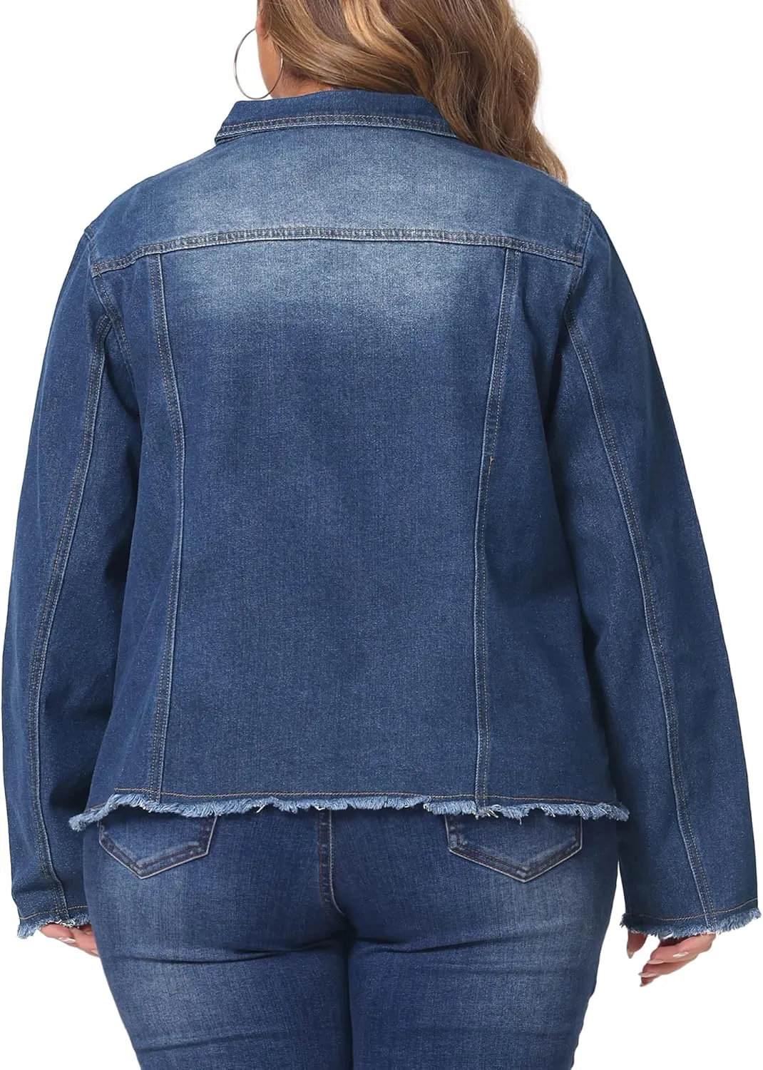 Agnes Orinda Plus Size Denim Jacket for Women Frayed Hem Classic Washed 2024 Denim Jean Jackets