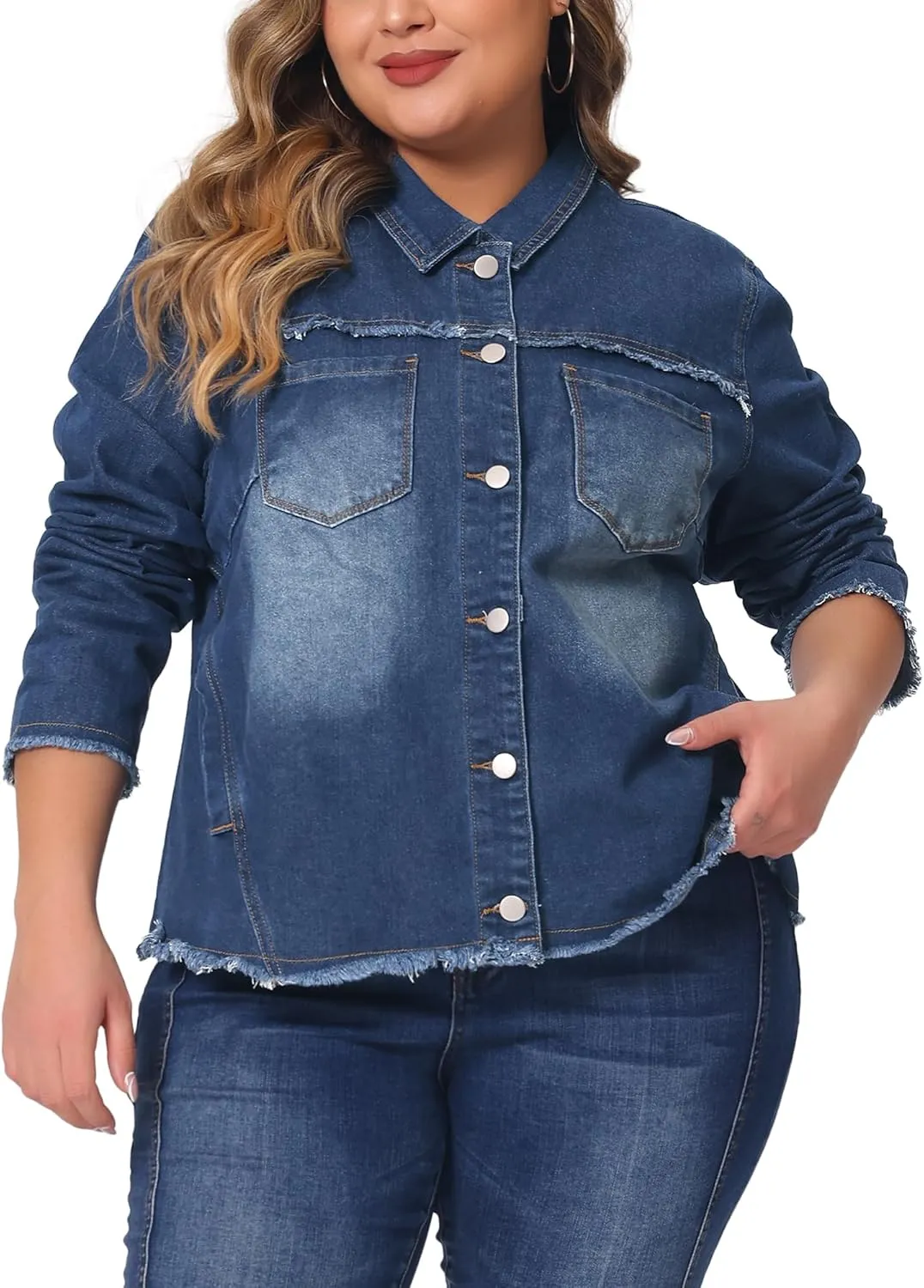 Agnes Orinda Plus Size Denim Jacket for Women Frayed Hem Classic Washed 2024 Denim Jean Jackets