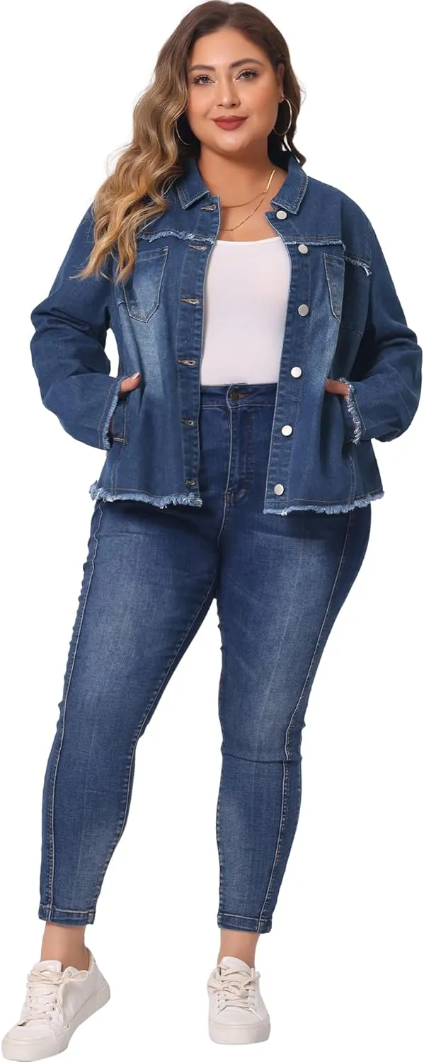 Agnes Orinda Plus Size Denim Jacket for Women Frayed Hem Classic Washed 2024 Denim Jean Jackets