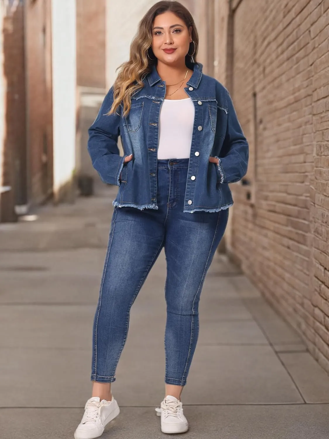 Agnes Orinda Plus Size Denim Jacket for Women Frayed Hem Classic Washed 2024 Denim Jean Jackets