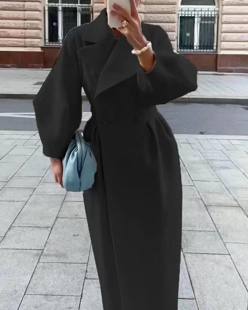 Akivide Womens Double Breasted Long Pea Coats Lapel Lantern Sleeve Maxi Trench Coats Fall Winter Wool Blend Overcoat