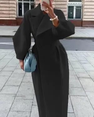 Akivide Womens Double Breasted Long Pea Coats Lapel Lantern Sleeve Maxi Trench Coats Fall Winter Wool Blend Overcoat