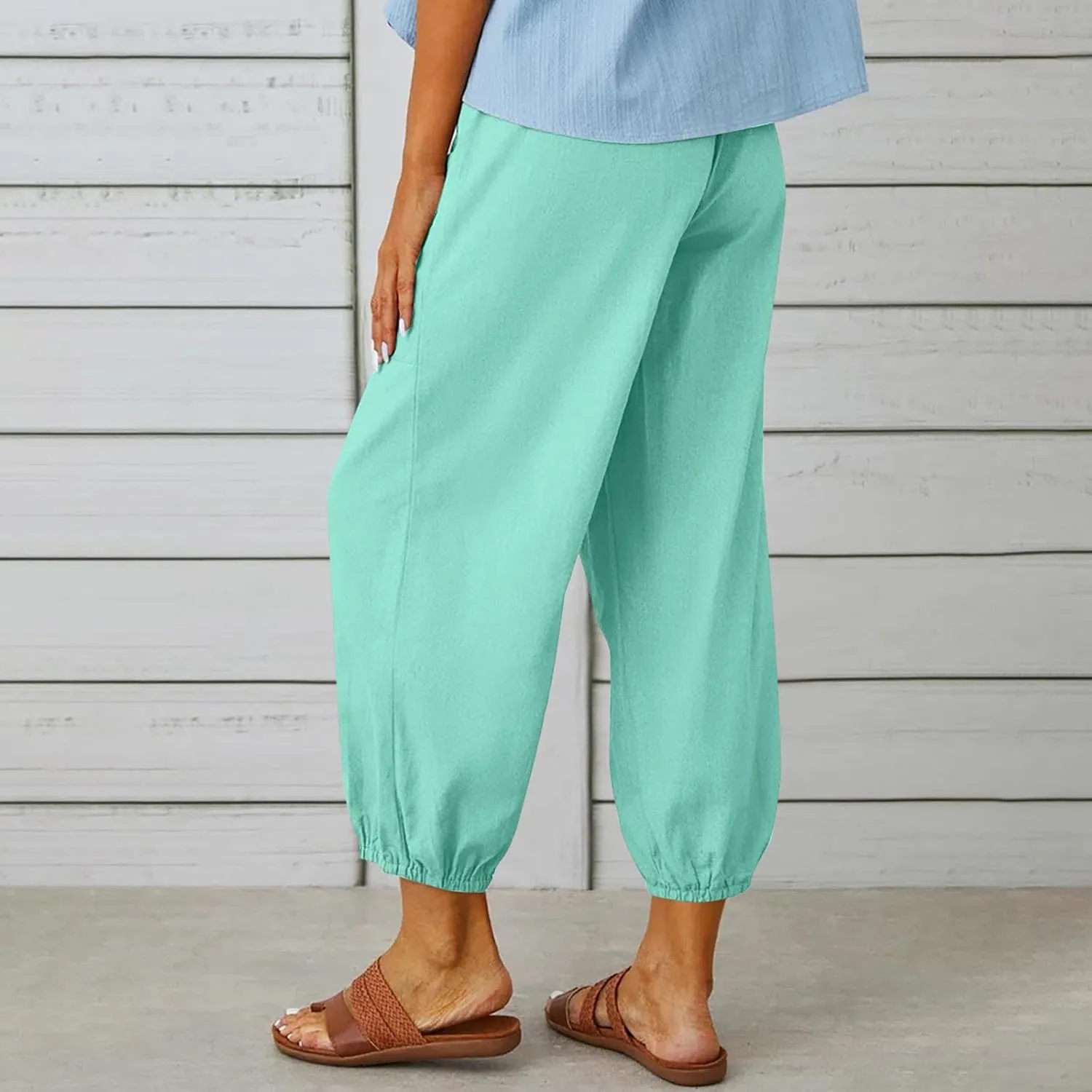 Akklian Linen Pants Women Beach Drawstring Capri Pants Summer Casual Pockets High Waisted Button Slit Baggy Trousers 2025