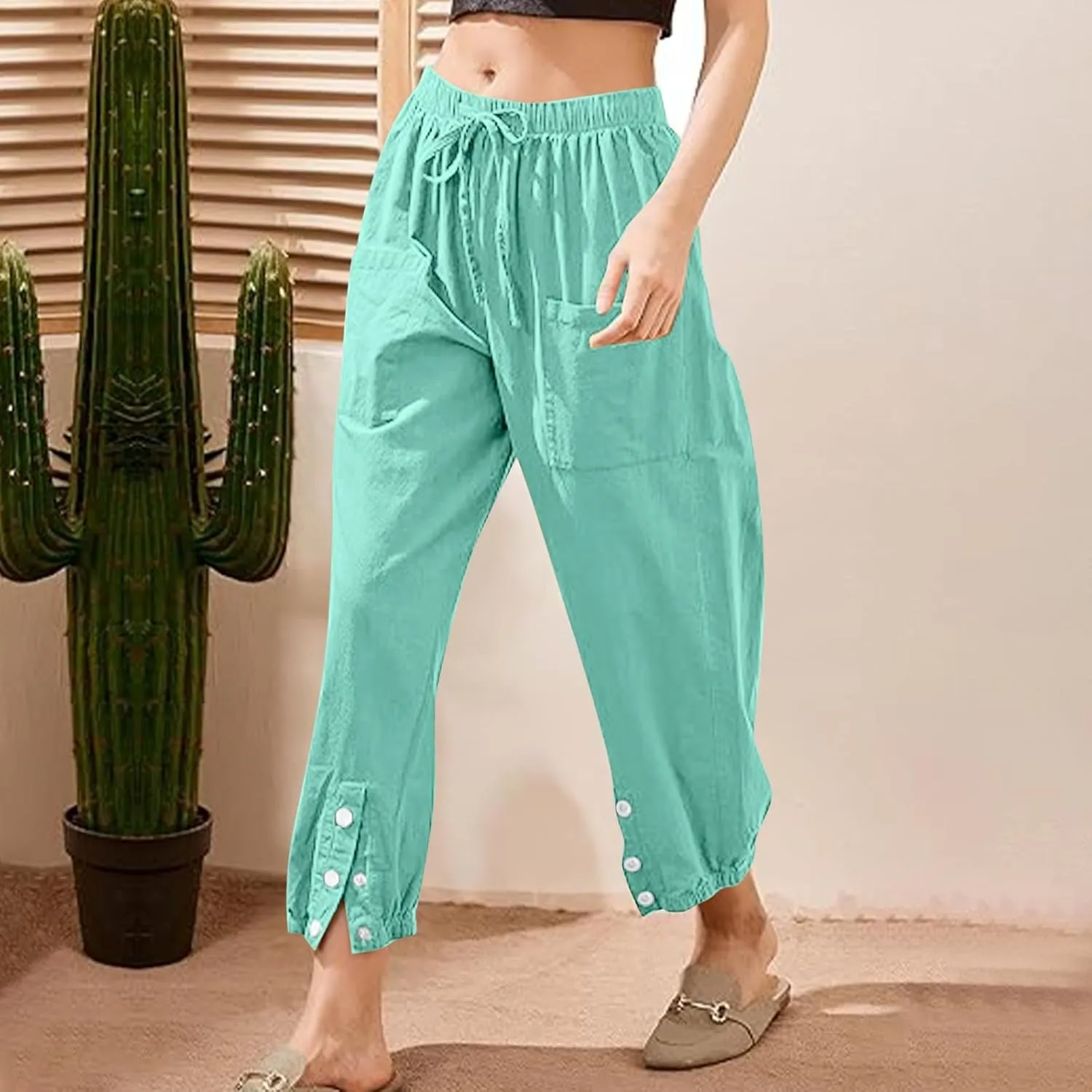 Akklian Linen Pants Women Beach Drawstring Capri Pants Summer Casual Pockets High Waisted Button Slit Baggy Trousers 2025