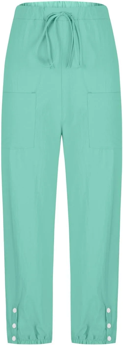 Akklian Linen Pants Women Beach Drawstring Capri Pants Summer Casual Pockets High Waisted Button Slit Baggy Trousers 2025