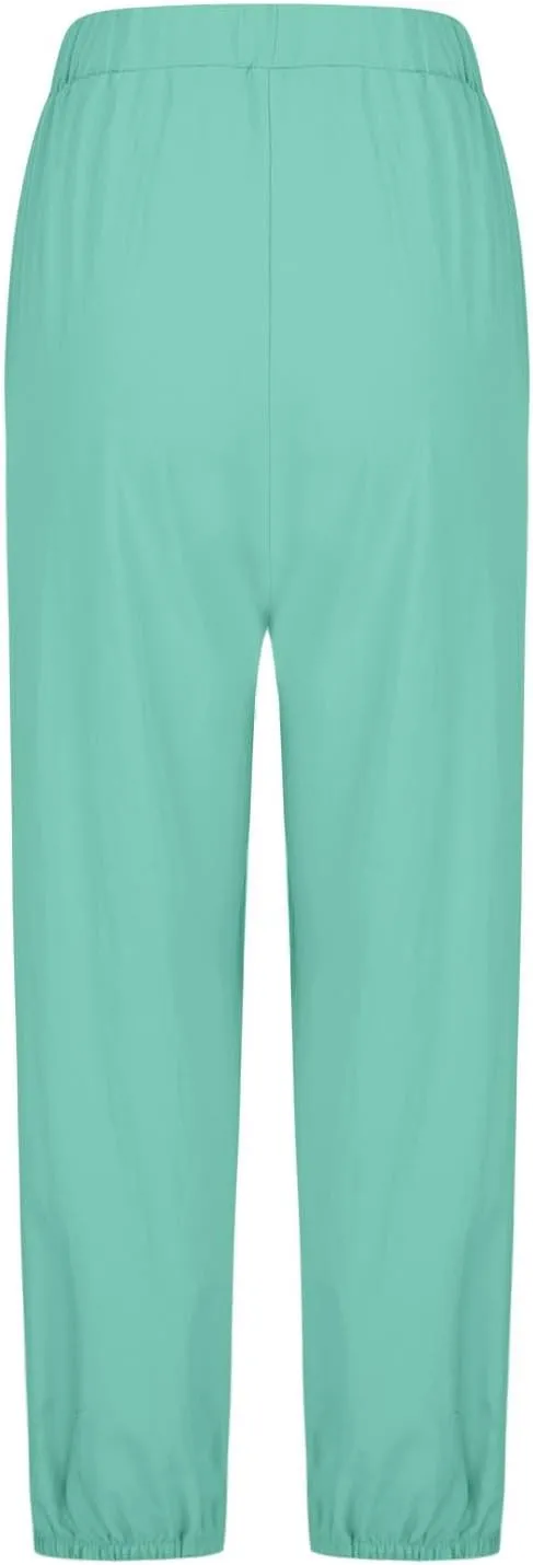 Akklian Linen Pants Women Beach Drawstring Capri Pants Summer Casual Pockets High Waisted Button Slit Baggy Trousers 2025