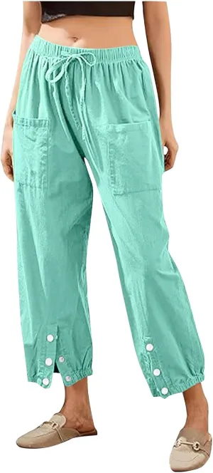 Akklian Linen Pants Women Beach Drawstring Capri Pants Summer Casual Pockets High Waisted Button Slit Baggy Trousers 2025
