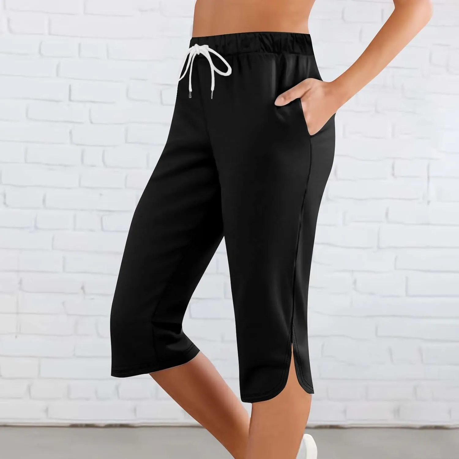 Akklian Summer Leggings with Pockets for Women Straight Wide Leg Cropped Trousers Drawstring Elastic Waist Side Slit Trousers