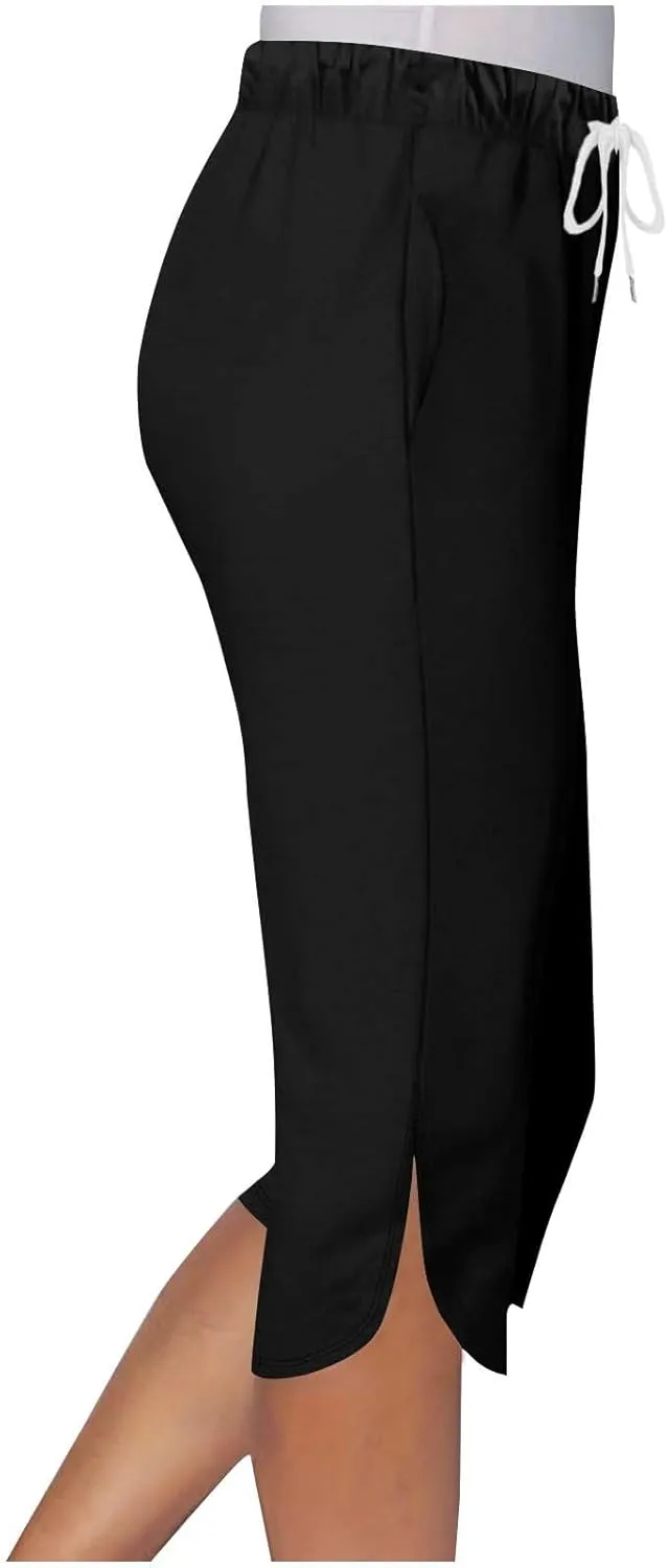 Akklian Summer Leggings with Pockets for Women Straight Wide Leg Cropped Trousers Drawstring Elastic Waist Side Slit Trousers