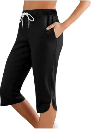 Akklian Summer Leggings with Pockets for Women Straight Wide Leg Cropped Trousers Drawstring Elastic Waist Side Slit Trousers