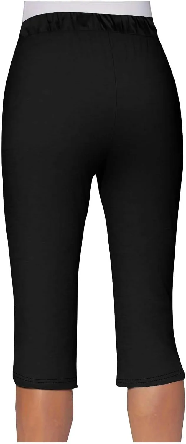 Akklian Summer Leggings with Pockets for Women Straight Wide Leg Cropped Trousers Drawstring Elastic Waist Side Slit Trousers