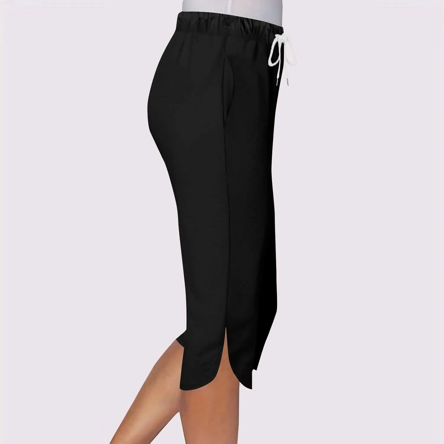 Akklian Summer Leggings with Pockets for Women Straight Wide Leg Cropped Trousers Drawstring Elastic Waist Side Slit Trousers