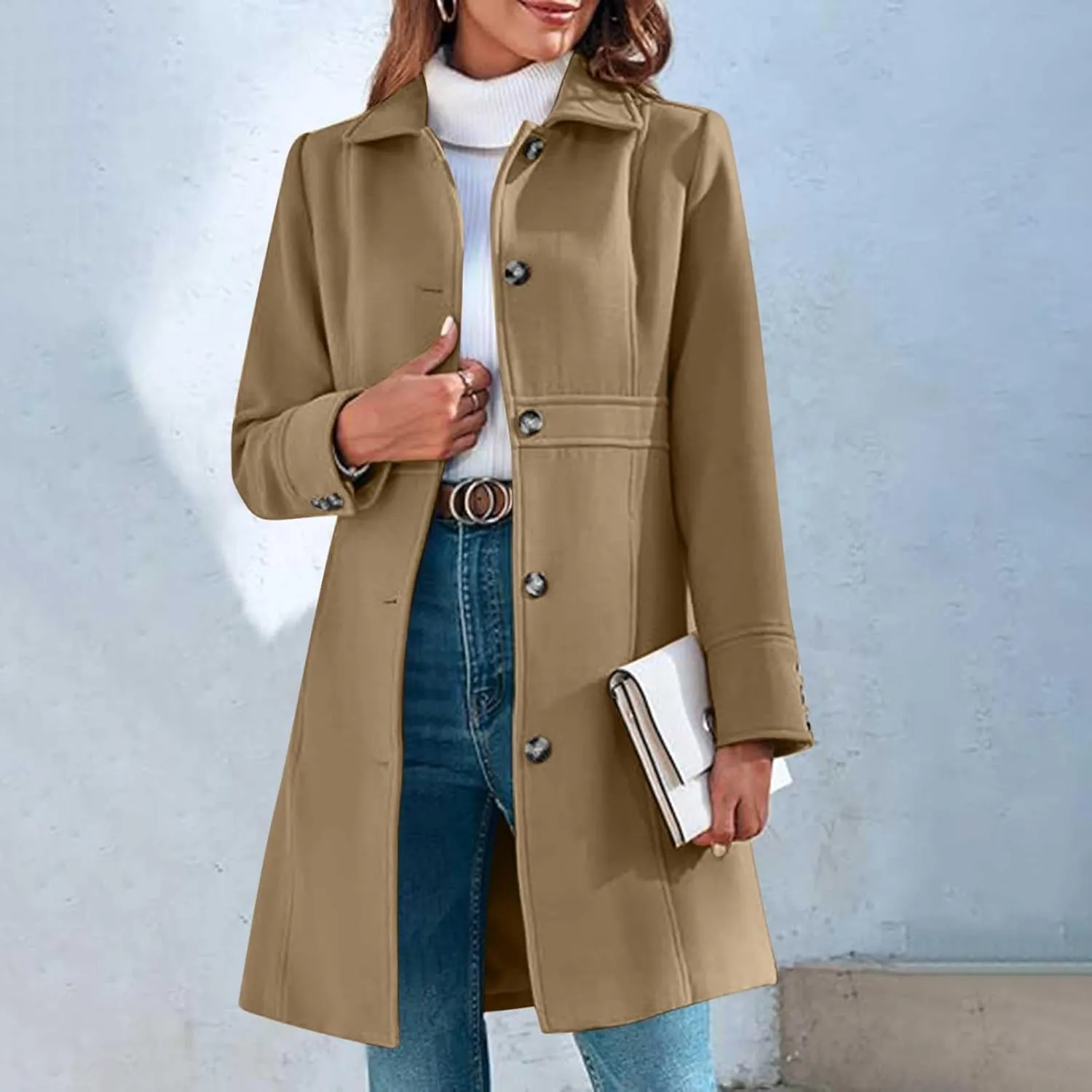 Akklian Womens Winter Woolen Outerwear Overcoat Single Breasted Mid-Thigh A-Line Pea Coat Business Office Elegant Trench Coat