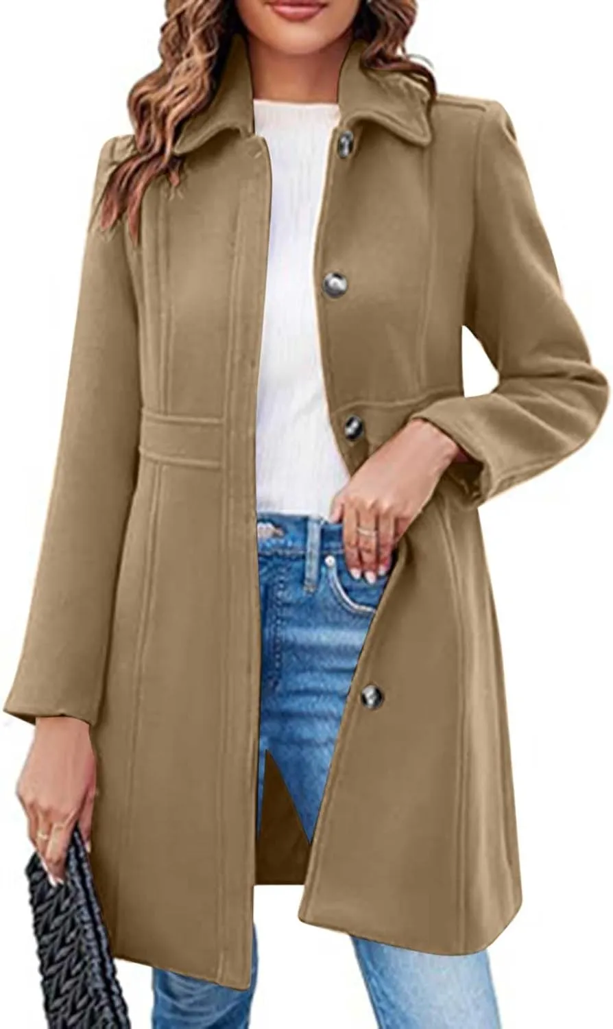 Akklian Womens Winter Woolen Outerwear Overcoat Single Breasted Mid-Thigh A-Line Pea Coat Business Office Elegant Trench Coat