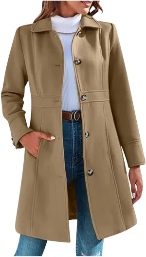 Akklian Womens Winter Woolen Outerwear Overcoat Single Breasted Mid-Thigh A-Line Pea Coat Business Office Elegant Trench Coat
