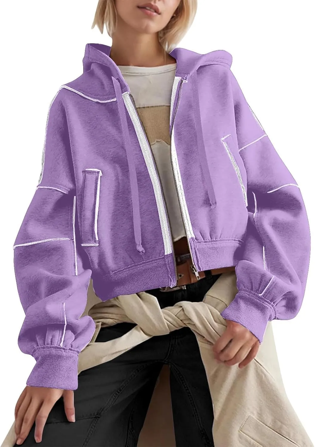 Akklian Zip Up Hoodies for Women Fashion Cropped Sweatshirt Fleece Lined Y2K Fall Teen Girls Preppy Clothes Casual Jackets