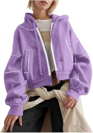 Akklian Zip Up Hoodies for Women Fashion Cropped Sweatshirt Fleece Lined Y2K Fall Teen Girls Preppy Clothes Casual Jackets