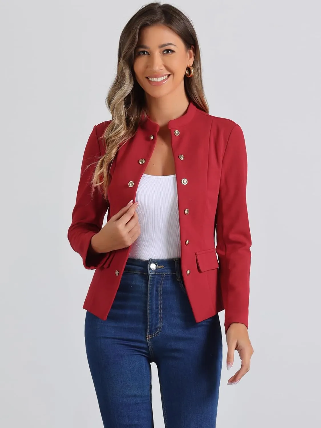 Allegra K Open Front Blazers for Women's Casual Long Sleeves Buttons Office Suit Jacket