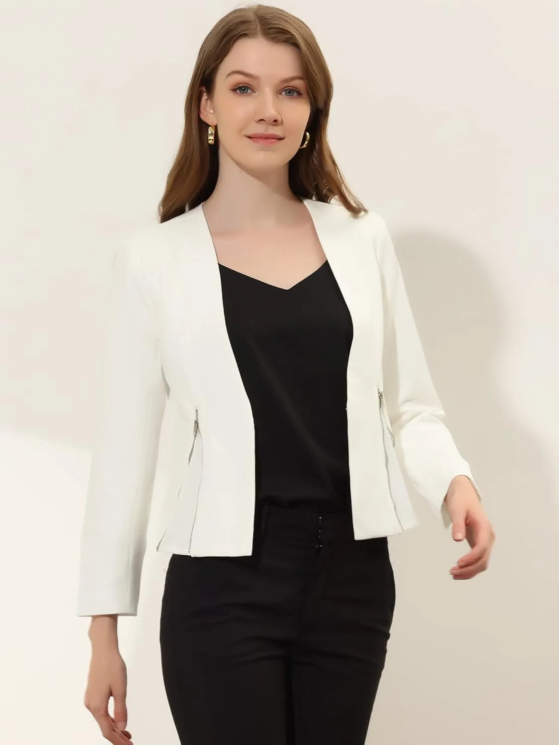 Allegra K Women's Crop Collarless Blazers Suit Zip Decor Work Office Jackets Blazer