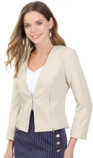 Allegra K Women's Crop Collarless Blazers Suit Zip Decor Work Office Jackets Blazer