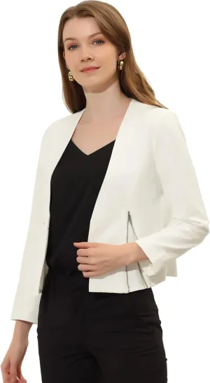 Allegra K Women's Crop Collarless Blazers Suit Zip Decor Work Office Jackets Blazer