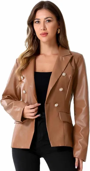 Allegra K Women's Faux PU Leather Blazers Double Breasted Motorcycle Moto Biker Jackets