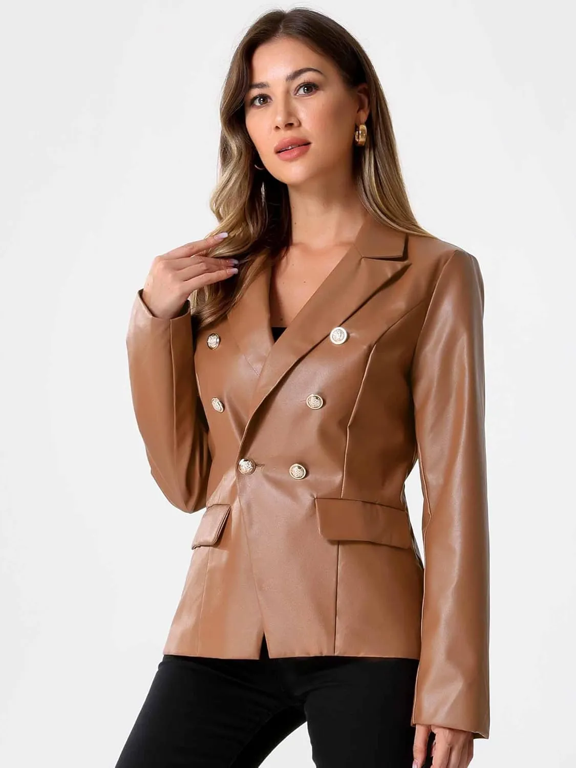 Allegra K Women's Faux PU Leather Blazers Double Breasted Motorcycle Moto Biker Jackets