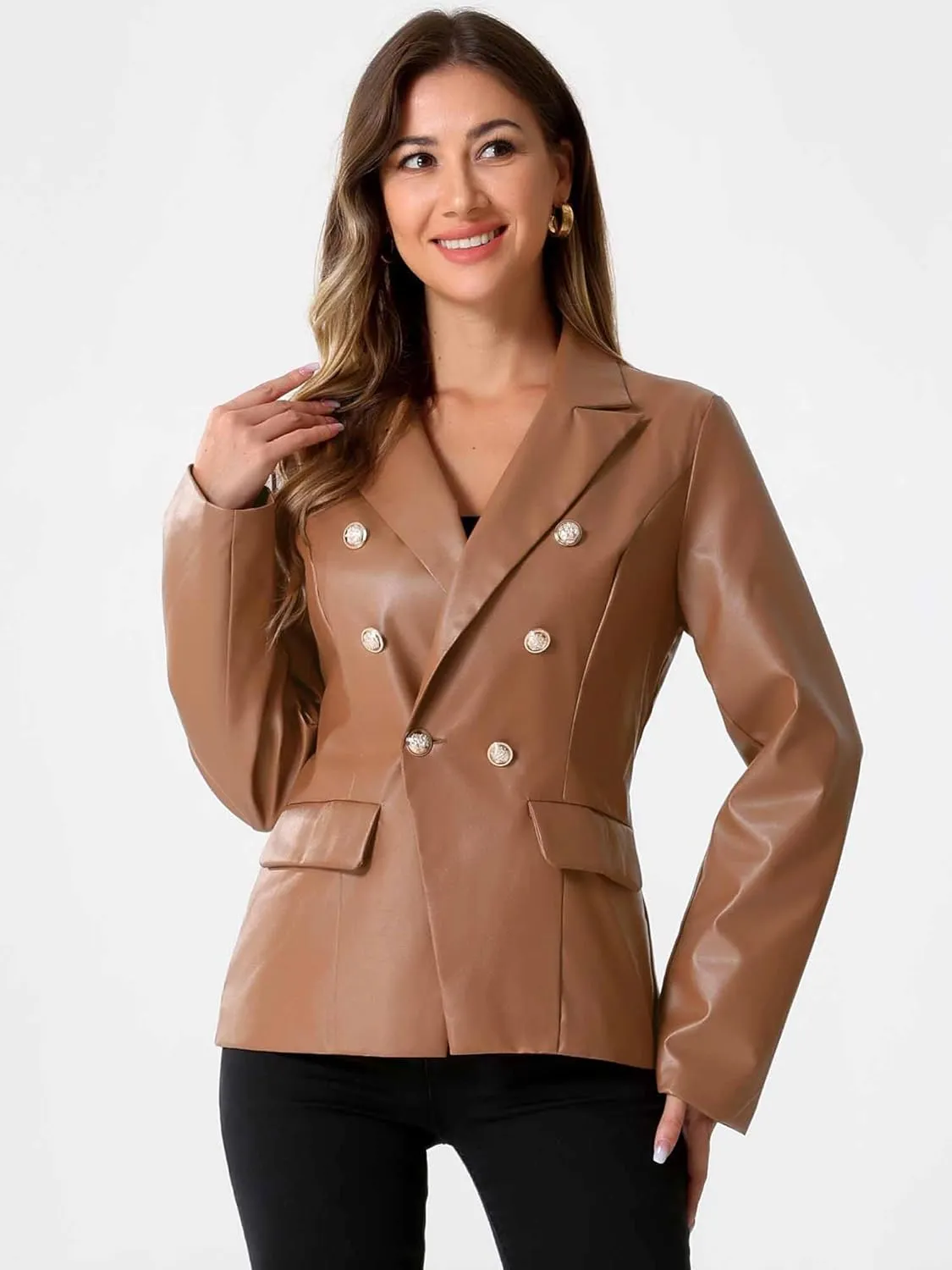 Allegra K Women's Faux PU Leather Blazers Double Breasted Motorcycle Moto Biker Jackets