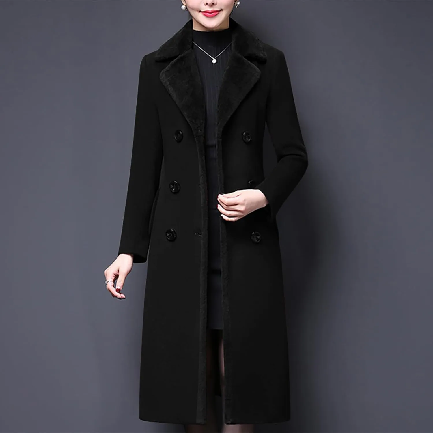 Aprsfn Women's Winter Wool Coats Double-breasted Notched Lapel Warm Jackets Midi Long Peacoat Long Sleeve Pea Coats