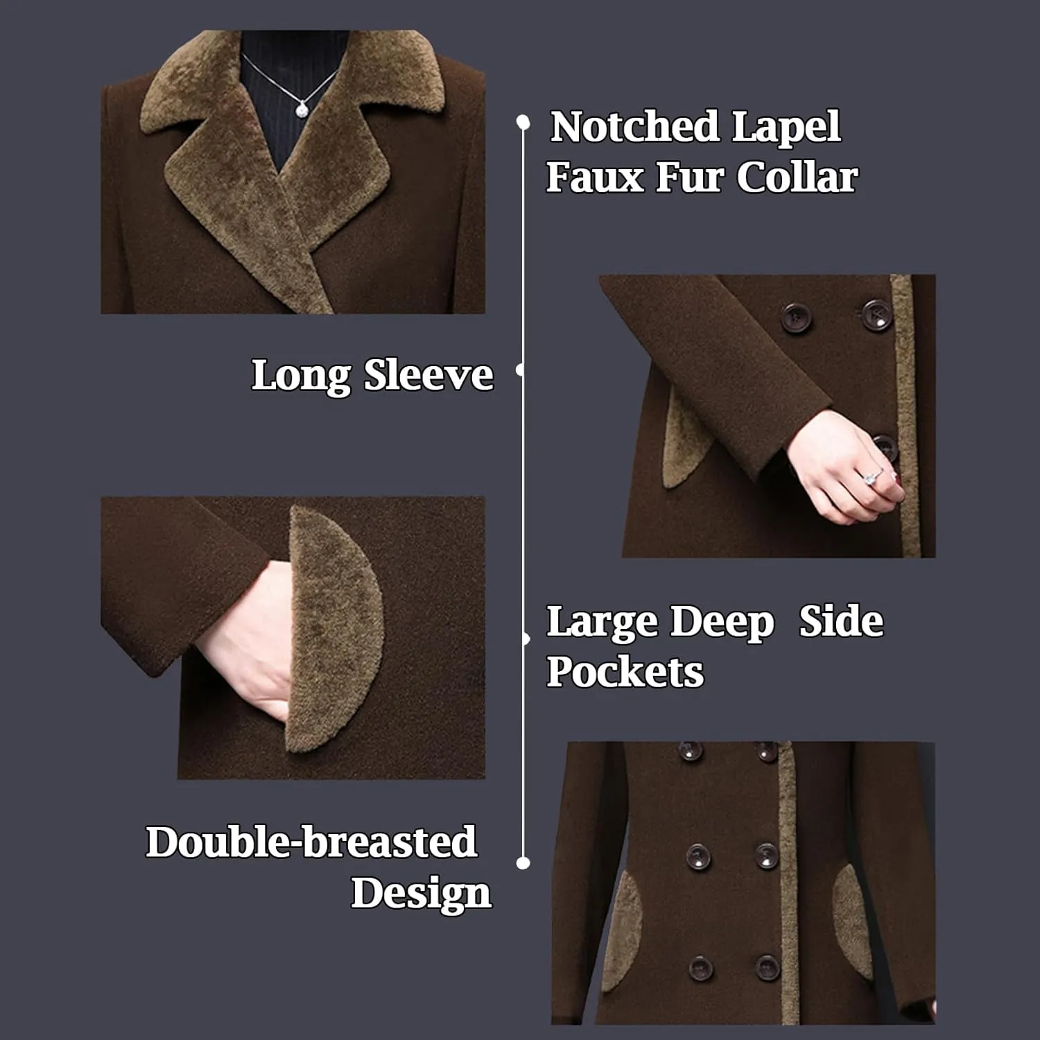 Aprsfn Women's Winter Wool Coats Double-breasted Notched Lapel Warm Jackets Midi Long Peacoat Long Sleeve Pea Coats