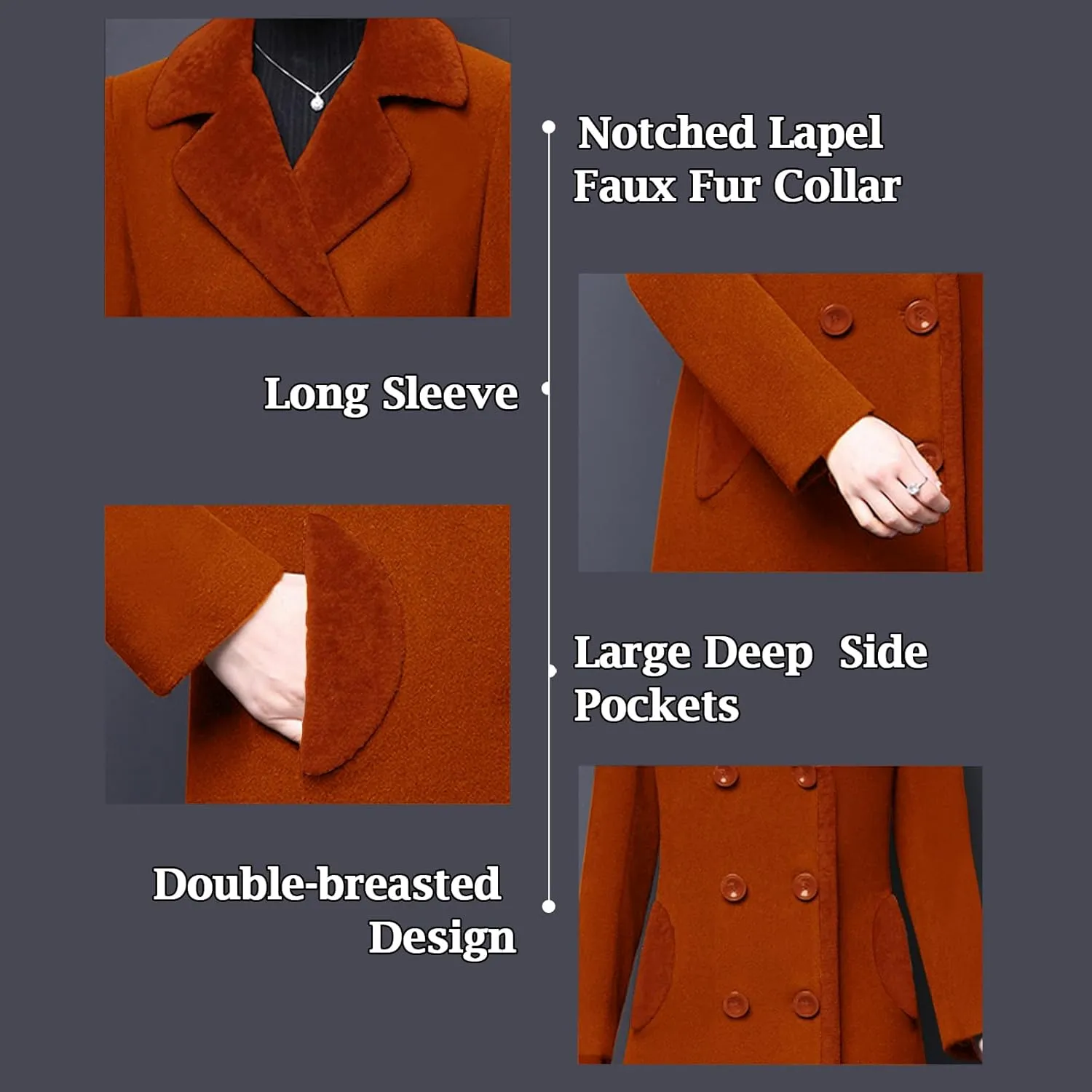 Aprsfn Women's Winter Wool Coats Double-breasted Notched Lapel Warm Jackets Midi Long Peacoat Long Sleeve Pea Coats