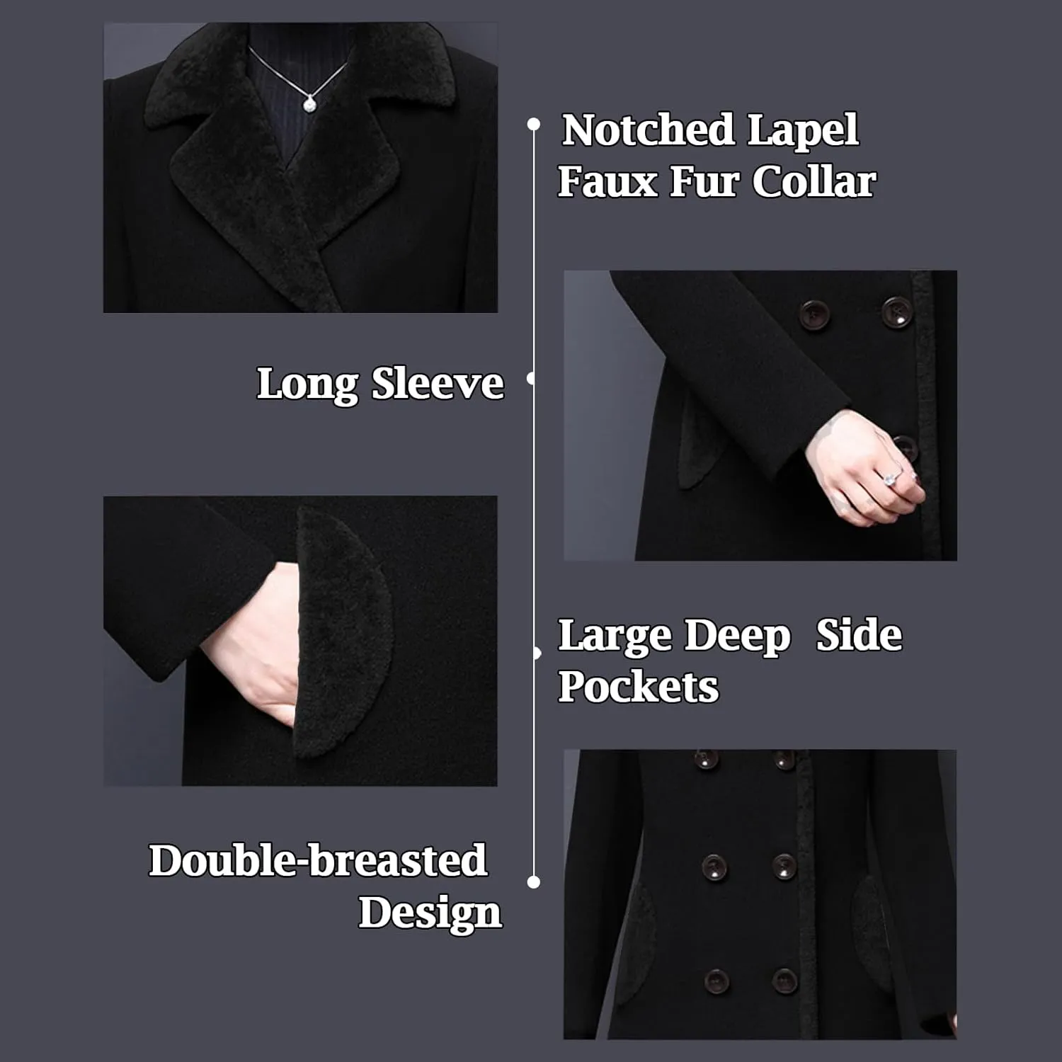 Aprsfn Women's Winter Wool Coats Double-breasted Notched Lapel Warm Jackets Midi Long Peacoat Long Sleeve Pea Coats