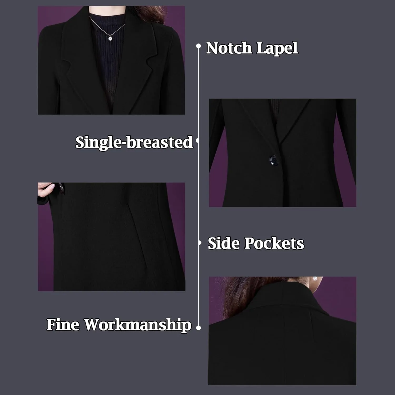 Aprsfn Women's Winter Wool Coats Long Sleeve One Buttoned Pea Coats Notched Lapel Jackets Mid-Length Windproof Overcoat