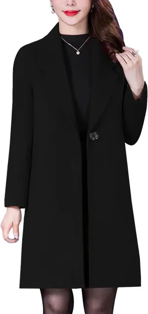 Aprsfn Women's Winter Wool Coats Long Sleeve One Buttoned Pea Coats Notched Lapel Jackets Mid-Length Windproof Overcoat