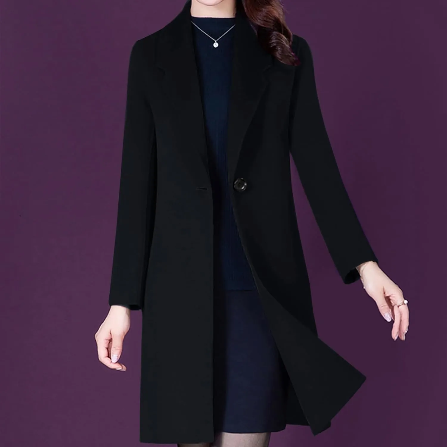 Aprsfn Women's Winter Wool Coats Long Sleeve One Buttoned Pea Coats Notched Lapel Jackets Mid-Length Windproof Overcoat