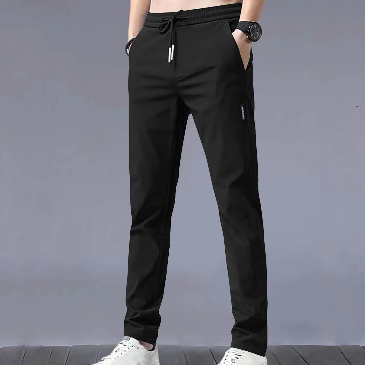Aymnlox Mens Baggy Pants Straight Leg Slim Fit Lightweight Casual Pants Quick Dry Drawstring Stretch Trousers with Pockets