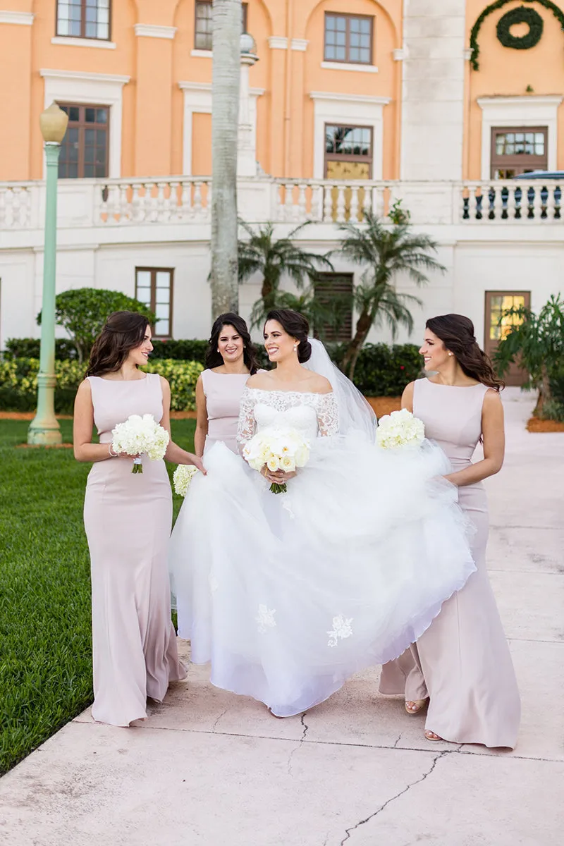 B4278 - Simple Scoop Sleeveless Satin Sheath Long Bridesmaid Dress