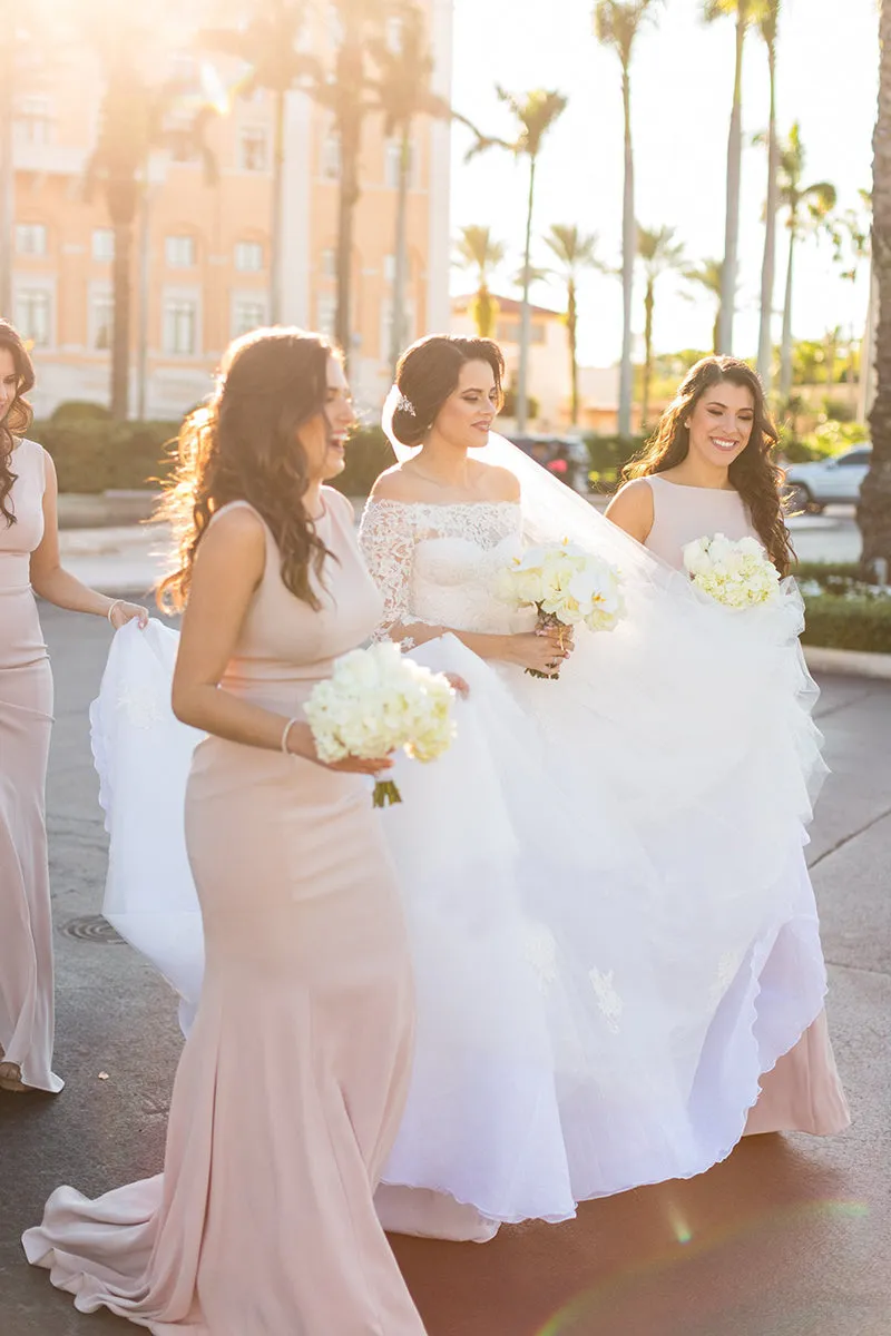 B4278 - Simple Scoop Sleeveless Satin Sheath Long Bridesmaid Dress