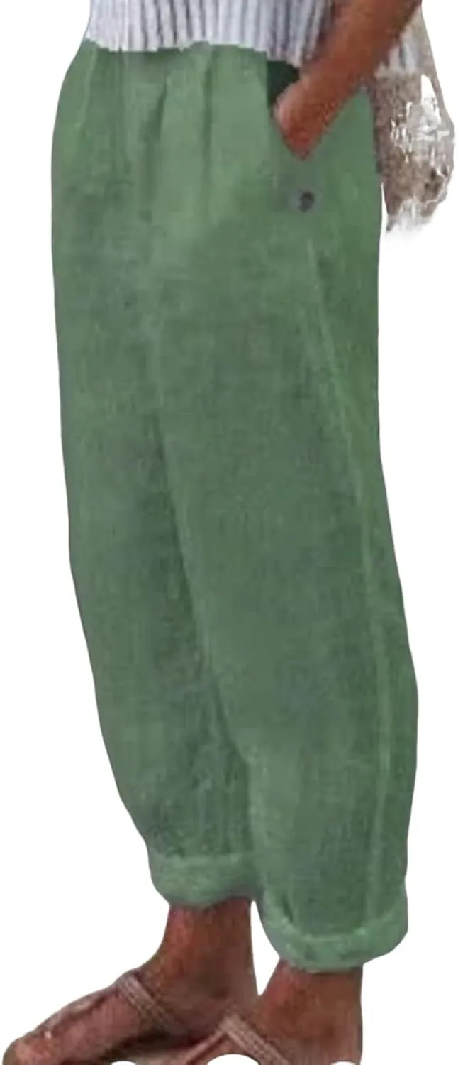 Beach Pants for Women Boho Style Cotton Linen Palazzo Trousers Drawstring Elastic Waist Summer Lounge Travel Pants